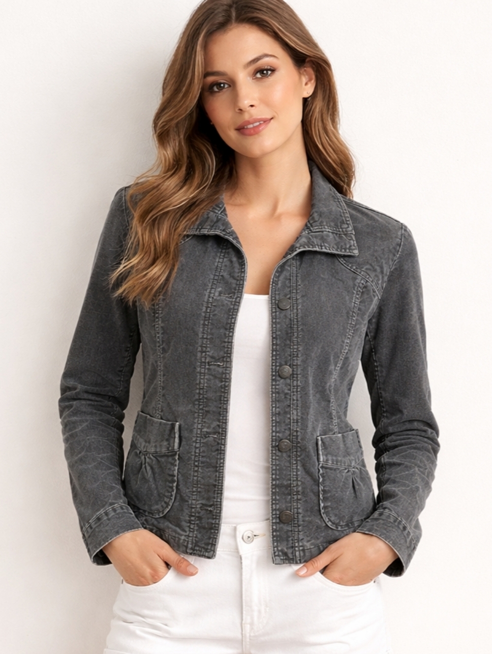 EDDIE BAUER Size Small Gray Corduroy Trucker Jacket Patch Pockets Button Front